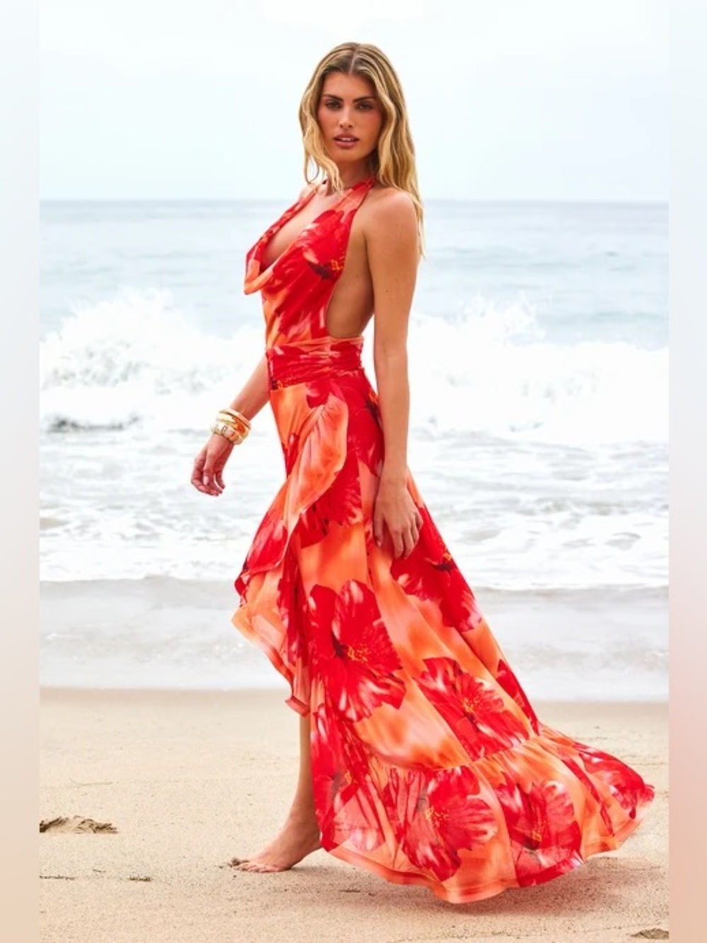 NWT Fashion Nova Vacay Crush Halter Maxi Dress XS Orange Floral Ruffle